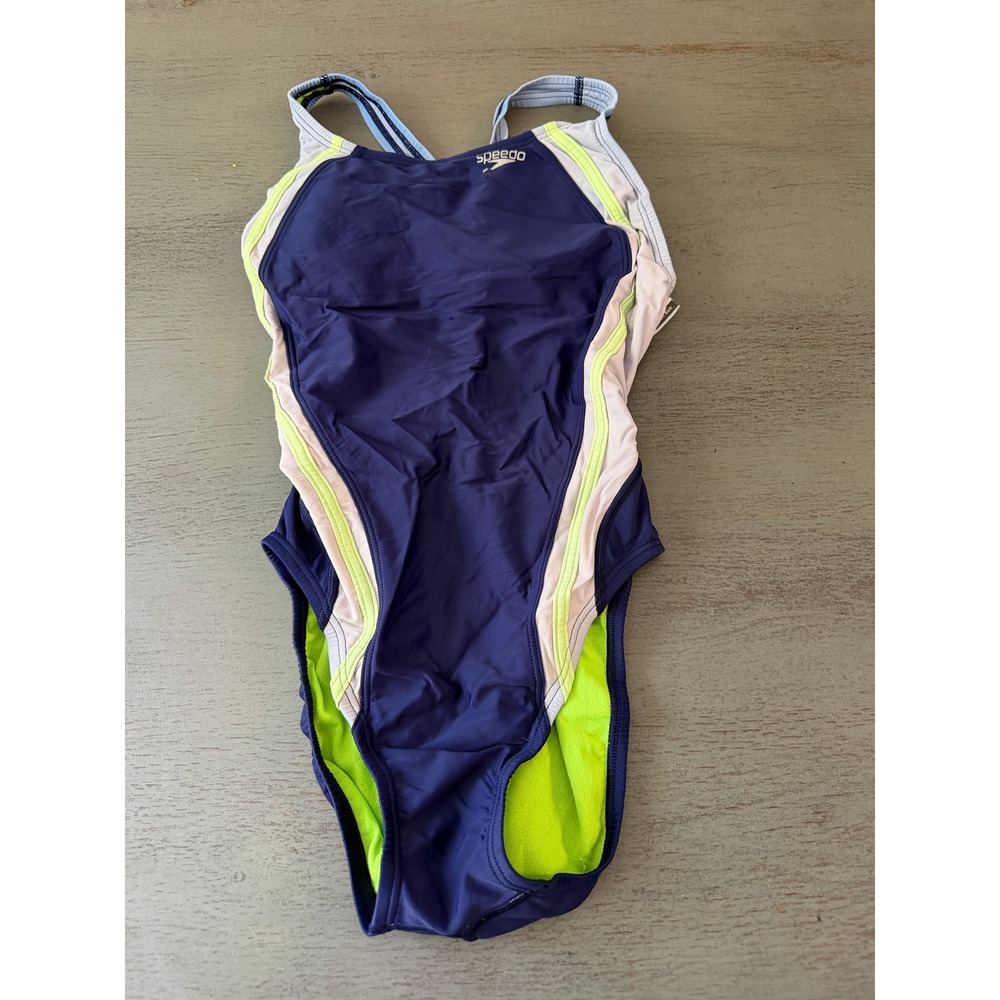 Speedo PowerFLEX Eco One Piece Swimsuit Navy Neon Yellow HydroBra Size 6